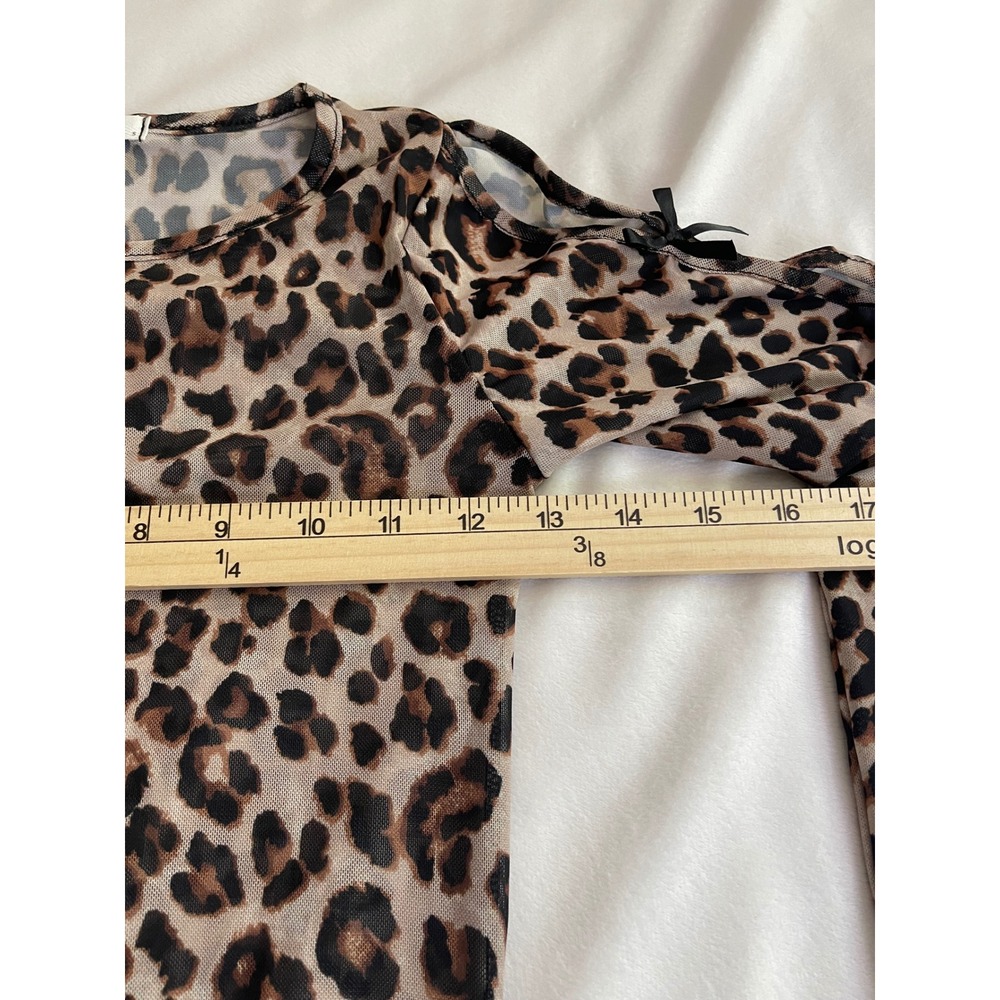 Full Tilt Leopard Mesh Top Long Sleeve Bow Cold Shoulder Brown Animal Print S - Picture 4 of 9